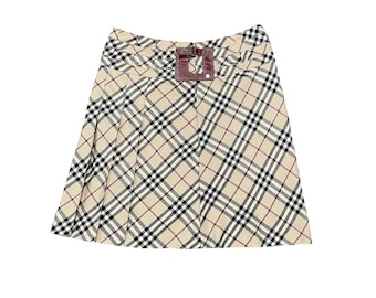 RARE!!! Vintage Burberry London Blue Label Beige Nova Check Wool Pleated Buckle Mini Dress, Size 36