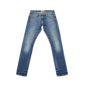 May include: Blue denim jeans with a classic five-pocket design. The jeans have a faded wash and subtle distressing on the front and back. The straight-leg cut and button closure are visible. The jeans are a medium wash.