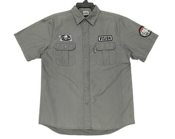 RARE!!! Vintage Vision Streetwear Japanese Brand Grey Multipatches Button Up Work Shirt, Size L