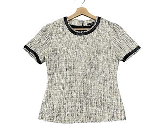 RARO!!! Blusa da designer Marissa Webb Y2k, Made in USA, in tweed, con finiture in pelle di agnello, cerniera posteriore Riri e fodera in seta, taglia 4.