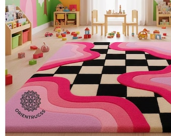 Pink & Lavender Checkerboard Modern Abstract Area Rug,, Contemporary Kids  Playroom Decor, Statement Carpet