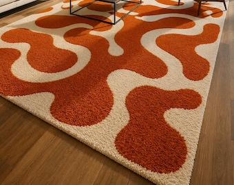Modern Abstract Orange Rug, Handmade Tufted Area Rug, Contemporary Living Room Carpet,