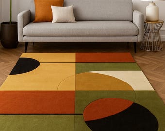 Hand Tufted Mid Century Modern Geometric Area Rug | Abstract Color Block Rug