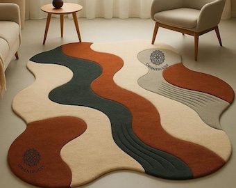 Modern Abstract Irregular Area Rug, Handmade Tufted Carpet , Cream Rust Green Accent Rug,