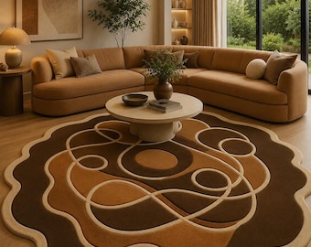 Handmade Abstract Brown Wool Rug, Organic Swirl Pattern, Neutral Living Room Decor
