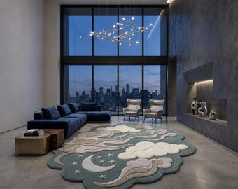 Celestial Cloud Moon Stars Rug, Muted Teal Nursery Carpet, Whimsical Kids Room Decor
