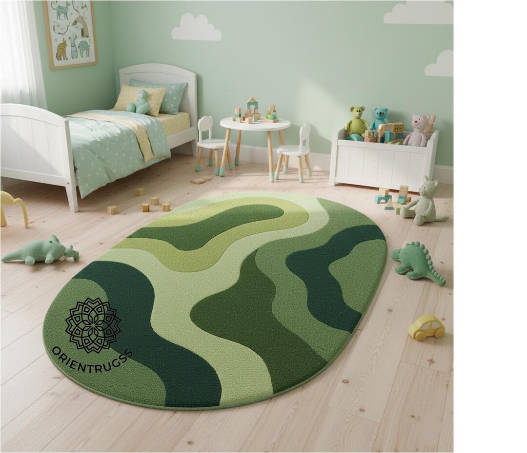 Fun Green Rug Hand Tufted Organic Wavy Green Area Rug – Asthetic Irregular Shaped ...