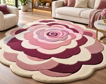 Pink flower rug, rose shaped area rug, handmade tufted, blush nursery decor