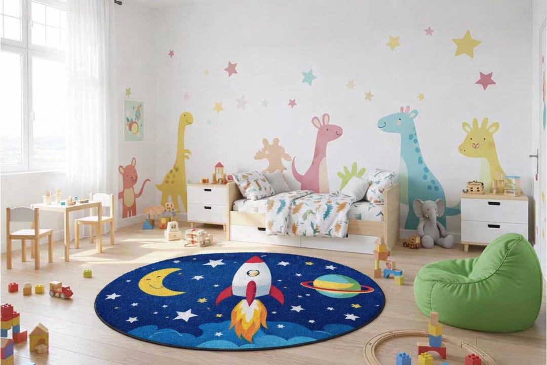 Moon Rover Play Rug Kids Space Rocket Rug – Round Outer Space Playroom Carpet With Moon ...