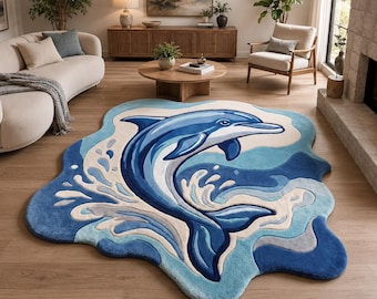Blue Abstract Wave Rug, Sculptural Ocean Carpet, Irregular Shape, Modern Decor