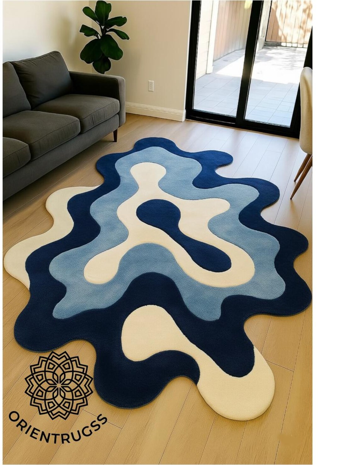 Composite Shape Rug Hand Tufted Organic Shape Rug | Modern Irregular Rug in Navy, Sky Blue ...