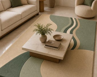 Hand Tufted Wool Area Rug | Sage Green Beige Abstract Carpet, Custom Size