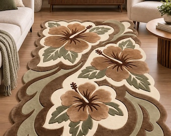 Floral area rug, beige brown botanical, vintage boho living room carpet