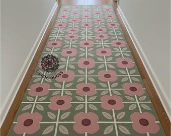 Hand Tufted  Floral Hallway Runner – Green & Pink Flower Pattern Runner, Modern Vintage Corridor Carpet