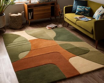 Hand Tufted Wool Rug, Abstract Geometric Living Room Carpet, NZ Wool Beige Rust Green