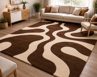Brown Cream Abstract Wavy Rug, Modern Organic Area Rug, Neutral Living Room Carpet