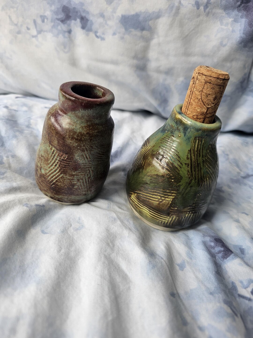 Mini Handmade Ceramic Bottles One With Cork Textured Green Brown ...