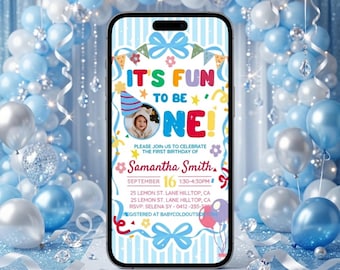 Fun to Be One First Birthday Mobile Invitation, Boy 1st Birthday Theme, Colorful First Birthday