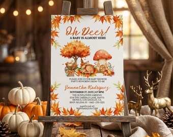 Oh Deer Baby Shower Invitation, Woodland Boho Fall Pumpkin Theme (Editable Template)