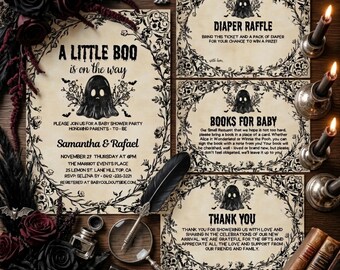 May include: A baby shower invitation set with a spooky theme. The invitation features a ghost graphic and the text "A Little Boo is on the Way." Additional cards include "Diaper Raffle," "Books for Baby," and "Thank You." The design incorporates floral and bat motifs.