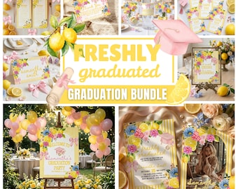 Freshly Graduated Graduation Party Bundle, Wildflower Graduation Bundle, Citrus Lemon Grad Invite, Pink Floral Grad Bundle