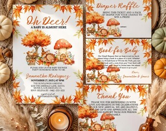 Oh Deer Baby Shower Invitation Bundle, Woodland Autumn Boho Pumpkin Decor
