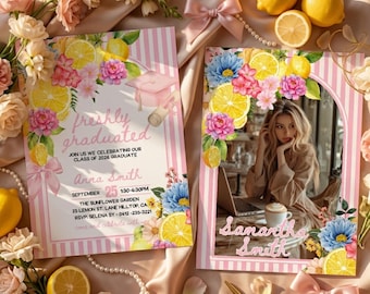 Freshly Graduated Graduation Invitations, Wildflower Graduation Invites, Lemon Graduation Citrus Grad Invite Theme, Pink Floral Grad Invite