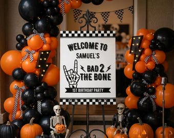 Bad Two the Bone Birthday Welcome Sign, Halloween 2nd Birthday Invitation, Skeleton Birthday Decor, Spooky Birthday Invites