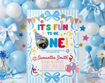 Fun to Be One First Birthday Invitation, Boy 1st Birthday Theme, Colorful First Birthday