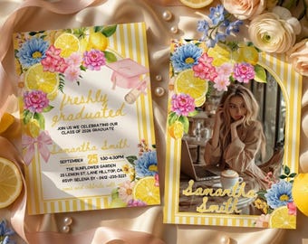Freshly Graduated Graduation Invitations, Wildflower Graduation Invites, Lemon Graduation Citrus Grad Invite Theme, Pink Floral Grad Invite