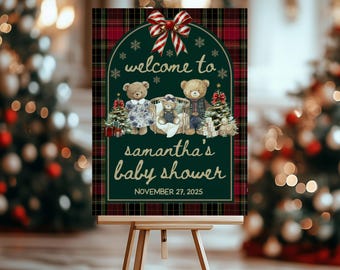 Polo Christmas Teddy Bear Baby Shower Welcome Sign, Plaid Tartan Invitations