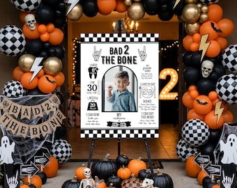 Bad Two the Bone Birthday Milestone Sign, Halloween 2nd Birthday Invitation, Skeleton Birthday Decor, Spooky Birthday Invites
