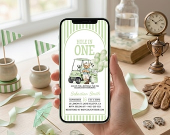 Masters First Birthday Mobile Invitations,  Hole in One Birthday Invitation, Golf 1st Birthday Evites