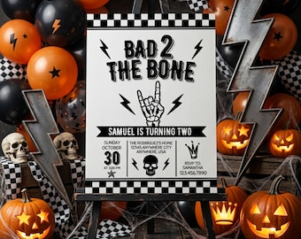 Bad Two the Bone Birthday Invitation, Skeleton Halloween 2nd Birthday (Editable Template)