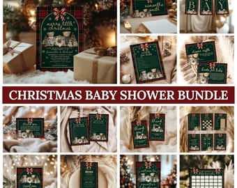Polo Christmas Teddy Bear Baby Shower Bundle, Plaid Tartan Invitations