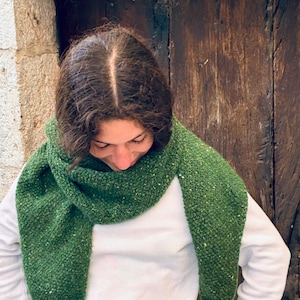 Peut inclure: Une écharpe verte tricotée avec des mouchetures blanches est drapée autour du cou. L'écharpe est faite d'une matière texturée et est associée à un haut blanc à manches longues. L'arrière-plan présente une porte en bois sombre.