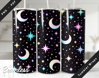 May include: Three black tumblers with a celestial design featuring crescent moons, stars, and dots in pastel colors. The tumblers have a seamless design and are labeled "Tumbler Wraps" and "Seamless Design". Each tumbler has a white straw.