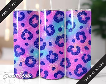 Adesivo per bicchiere Pink Leopard in formato PNG e PDF, design a sublimazione Glitter Cheetah rosa e blu, adesivo senza cuciture per tazza sottile da 20 once viola e blu