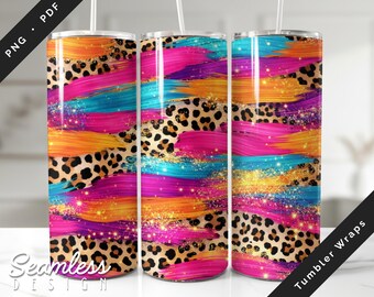 Adesivo per bicchiere termico con stampa leopardata neon PNG PDF, design a sublimazione con pennellata di ghepardo glitterato, adesivo senza cuciture per tazza sottile da 20 oz rosa e arancione neon.