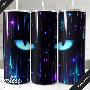 May include: Three black tumblers with a design featuring glowing blue cat eyes and a starry night effect. The design includes streaks of blue and purple light, with the words "Seamless Design" and "Tumbler Wraps".
