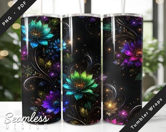 Dark Floral Tumbler Wrap • Luxe Midnight Flowers Design • Elegant Botanical Wrap • 20oz Skinny Sublimation PNG PDF • Digital Download