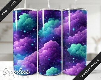 Envoltura para vaso Galaxy Cloud • Nubes de cielo nocturno de ensueño • Diseño espacial sin costuras • Vaso delgado de 20 oz PNG PDF • Descarga digital