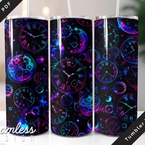 May include: Three cylindrical tumblers featuring a seamless pattern of various clock faces, gears, and celestial elements in shades of neon blue, purple, and pink against a dark black background. Each tumbler includes a clear straw and a lid.