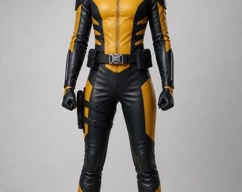 Macacão tático de couro unissex, traje de corrida para cosplay de super-herói com cinto utilitário e coldre, body preto e amarelo para homens e mulheres.