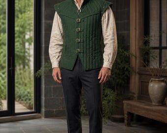 Middeleeuws gewatteerd ranger-vest, bosgroene gambeson met gesp en hoge kraag voor mannen en vrouwen, LARP Renaissance Cosplay