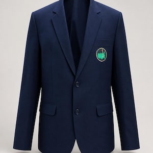 May include: A dark navy blue blazer featuring a notched lapel, two front buttons, and two flap pockets. On the left chest, there is a circular embroidered patch depicting a green map of the United States with a yellow golf flag and pole.