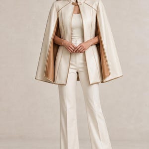 Womens Cream Leather Cape Jacket Suit Set, Off White Leather Cape Blazer Camel Trim, Tailored High Collar Capelet Flared Pantsuit