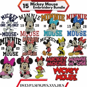 May include: A collection of 15 Mickey Mouse embroidery designs. The designs feature Mickey and Minnie Mouse in various poses and styles, with text elements like "Mickey," "Minnie," and "Mouse." The color palette includes red, black, white, and yellow.