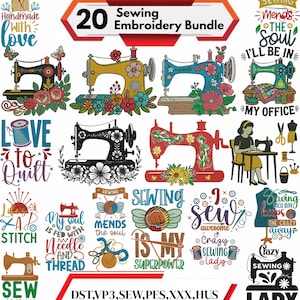 Puede incluir: Una colección de 20 diseños de bordado de costura. Los diseños incluyen máquinas de coser, arreglos florales y texto como "Handmade with love" y "Sewing is my superpower". La paleta de colores incluye rojo, amarillo, azul y negro.