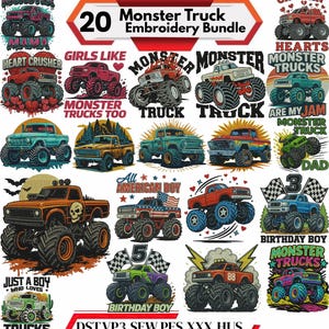 Puede incluir: Una colección de 20 diseños de bordado de monster trucks coloridos. Los diseños incluyen camiones con varios temas, como corazones, banderas, calaveras y el texto "Monster Truck". La imagen también incluye el texto "Embroidery Bundle".